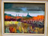 an oil painting of a field with a church in the distance