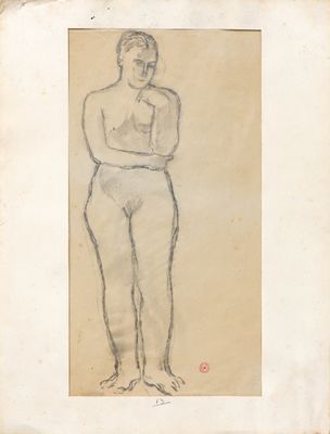 an old drawing of a man standing with his arms crossed