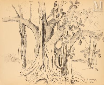 dessin représentant un groupe de personnes en train de grimper à un arbre dans une forêt