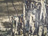 a painting of a building with a clock tower in the background