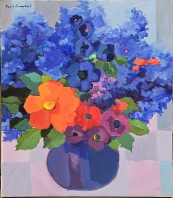 a painting of flowers in a blue vase on a table