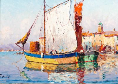 a painting of a boat in the water with a building in the background