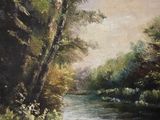 painting of a river in a wooded area with trees and bushes
