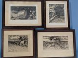 four black and white pictures of horses and a man in a field
