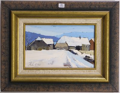 an image of a painting of a farm in the snow