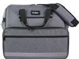 the duffel bag is grey and has a black handle