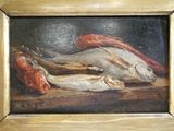 une photo d'un tableau représentant des poissons et des homards posés sur une table