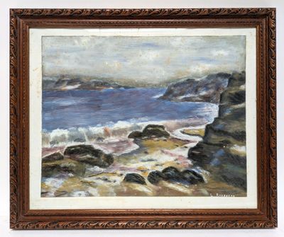 a painting of a rocky beach with waves crashing on the rocks