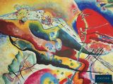abstract painting of a person riding a horse in a colorful landscape