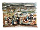 watercolor painting of a group of people standing in front of a building