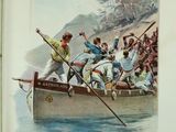 a picture of a book with a picture of a man in a boat