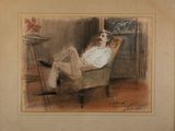 painting of a man sitting in a chair in a room
