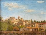 peinture d'une vue d'un village avec une église au loin