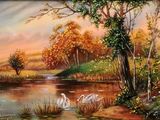 un tableau représentant des cygnes nageant dans l'eau près des arbres