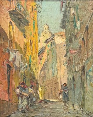 tableau représentant deux personnes marchant dans une ruelle d'une vieille ville