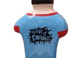 a blue bottle with a red and black design on it