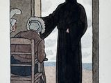 painting of a man in a black robe standing next to a woman in a chair