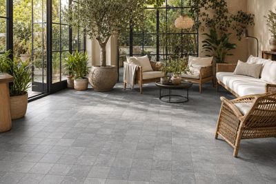 un salon avec un canapé, des fauteuils, des tables et des plantes en pot