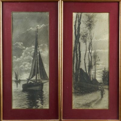 two framed pictures of boats on the water with trees in the background