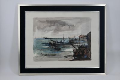aquarelle encadrée représentant une scène de port avec des bateaux sur l'eau