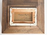 an old picture of a wooden frame with a writing on it