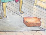 un tableau représentant un chien assis sur une chaise à côté d'un bol de nourriture