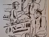 un dessin en noir et blanc représentant un homme et une femme assis à une table