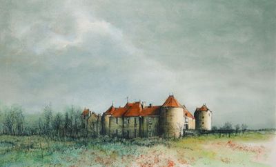 une image représentant un tableau d'un château au milieu d'un champ