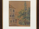 tableau représentant une scène de rue avec une maison et des arbres au premier plan