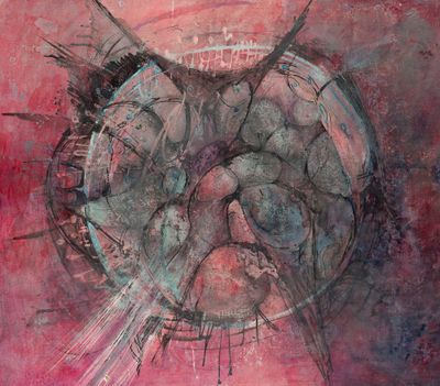 une peinture abstraite représentant un objet circulaire sur un fond rose