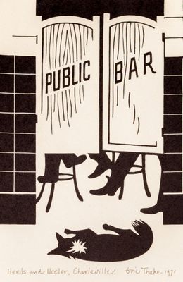 a black and white drawing of a dog and a bar