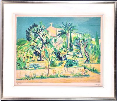 tirage encadré et sous passe-partout représentant une peinture d'une maison dans un jardin