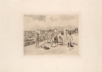 un dessin représentant un groupe de personnes sur la plage