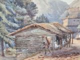 a watercolor painting of a man carrying a load of wood