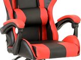 a red and black office chair with a black base