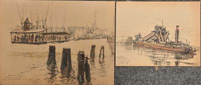 deux dessins représentant des bateaux sur un plan d'eau près d'un embarcadère