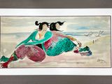 tableau représentant une femme assise sur une plage, avec un bateau en arrière-plan