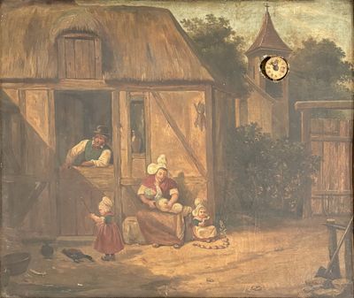 un tableau représentant une famille devant une grange, avec une horloge en arrière-plan