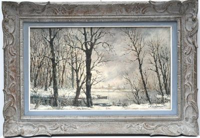 painting of a snowy landscape with trees and a bench in the foreground