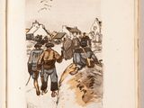 an open book with a drawing of two men walking down a hill