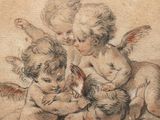 an image of a drawing of three cherenshes playing with a cat