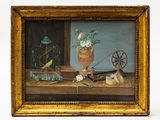 a picture of a painting of a birdcage with flowers in it