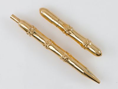 deux stylos en métal doré posés sur une surface blanche