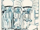 dessin représentant trois hommes, un pot sur la tête, debout devant un bâtiment