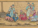 an image of a painting of a group of people in a barn