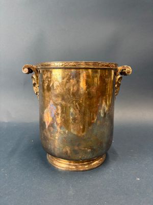 an image of a brass vase with handles on a grey background
