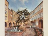 a painting of a courtyard with a fountain in the middle
