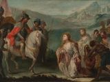 tableau représentant un tableau où l'on voit un homme à cheval, conduit par un groupe de personnes