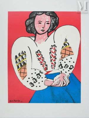 un tableau représentant une femme vêtue d'une chemise blanche et d'une jupe bleue