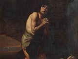 une image représentant un tableau où l'on voit un homme agenouillé devant un mouton